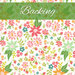 A swatch of a white fabric with multicolor florals tossed all over. A green banner at the top reads 