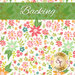 A swatch of a white fabric with multicolor florals tossed all over. A green banner at the top reads 