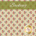 A swatch of cream fabric with tiled bouquets of pink, blue, and red flowers. A green banner at the top reads 
