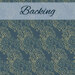 A swatch of cadet blue fabric with a repeating motif of tiny leaf clusters in tonal blue and sandy yellow. A dusty blue banner at the top reads 
