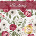 A swatch of white fabric with tossed bouquets of green leaves with red and cream stylized poppies. A dark pink banner at the top reads 
