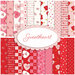 A collage of red, pink, and white fabrics included in the Sweetheart fabric collection