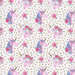 A swatch of the scanned print, a white fabric with unicorns and roses tossed with gold glitter hearts and stars.
