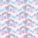 A swatch of the scanned print, a fabric with fluffy clouds and four-color rainbows on a white background.