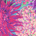 Close up of bright purple and aqua fabric with purple, pink, and aqua green chrysanthemum florals all over