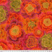 Bright orange fabric covered in olive green, dark red, maroon, and orange florals throughout