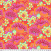 Bright red fabric with large purple and orange blossoms and yellow florals with aqua tips