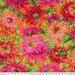 Bright orange fabric with large pink, coral, and crimson florals with bright green leaves throughout