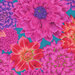 8x8 close-up swatch of Bright pink fabric with large purple, orange, pink, and crimson dahlias throughout on a cyan background