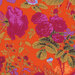 8x8 close-up swatch of orange fabric with large magenta flowers and leaves