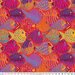 Bright tomato red fabric with yellow, purple, orange, and pink fish in an artistic stylized style