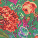 8x8 close-up swatch of green fabric with large roses and hydrangeas
