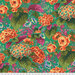 Large forest green fabric with bright orange roses and hydrangeas with green and purple leaves throughout