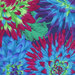 8x8 close-up swatch of Large, multi colored fabric with large, packed, bright blue, green, and purple dahlia florals throughout