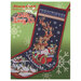 Front of cross stitch pattern showing the finished stocking on a green background with snowflakes