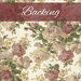 A swatch of cream fabric with tossed bouquets of large painterly florals. A burgundy banner across the top reads 
