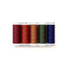 5 spools of thread, arranged in rainbow order, isolated on a white background.