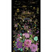A black fabric panel with large purple floral clusters at one end and gold metallic accents at the other end