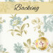 A swatch of cream fabric with large tossed powder blue florals with yellow green leaves. A yellow banner across the top reads 