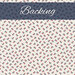 A swatch of white fabric featuring a small calico print of tossed red and blue flowers. A navy blue banner at the top reads 