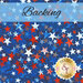 A swatch of a medium blue fabric, packed with stars in various shades of red, white and blue. A cyan banner at the top reads 