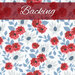 A swatch of white fabric, packed with medium sized red flowers, white flowers, and light blue leaves and stems. A red banner at the top reads 