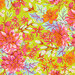 A vibrant floral pattern featuring large pink and orange flowers, green leaves, and small white blossoms on a bright yellow background.