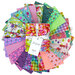 A circular fan of vibrant purple, aqua, pink, and white quilting fabrics with various floral and geometric designs