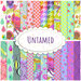 A stacked collage of vibrant purple, aqua, pink, and white quilting fabrics with various floral and geometric designs