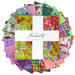 A circular fan of vibrant purple, aqua, pink, and white quilting fabrics with various floral and geometric designs