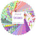 A circular fan collage of vibrant purple, aqua, pink, and white quilting fabrics with various floral and geometric designs