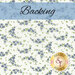 A swatch of white fabric that has a small blue floral print tossed with tiny green leaves. A light blue banner at the top reads 