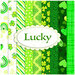 Collage of fabrics in the Lucky collection featuring St. Patrick motifs in white and shades of green