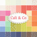 collage of fabrics in the Cali & Co fat eighth set in shades of gray, blue, green, white, orange, yellow, aqua, pink, and red
