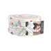 A circular roll of white and multi-colored fabrics wrapped in a white ruler print bowtie