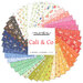 spiral collage of the fabrics in the Cali & Co charm pack featuring calico prints in shades of gray, blue, green, white, orange, yellow, aqua, pink, and red