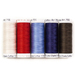 Five spools of thread in off-white, red, cornflower blue, midnight blue, and dark brown isolated on a white background.