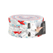 A bundle of white, red, and blue spiraled floral fabrics wrapped in a white Moda Fabrics ruler ribbon