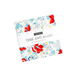A bundle of white, red, and blue floral fabric squares wrapped in a white Moda Fabrics ruler ribbon
