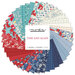 A circular collage of red, blue, white, and aqua fabrics with a Moda Fabrics Time and Again logo in the center