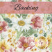 A swatch of cream fabric packed with daisies and wildflowers in pink, green, yellow, and white. A pink banner at the top reads 
