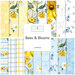 A stacked collage of blue, white, and yellow fabrics with floral summertime motifs