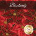 Swatch of a red fabric packed with poinsettias, finished with metallic gold accents. A dark red banner at the top reads 