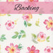 A white fabric with tossed pink florals and sprigs with yellow accents. A pink banner at the top reads 
