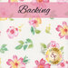 A white fabric with tossed pink florals and sprigs with yellow accents. A pink banner at the top reads 