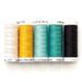 The August thread set, five spools of thread in cream, yellow, aqua, teal, and black, isolated on a white background 