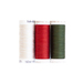 Three spools of thread in white, red, and juniper green isolated on a white background.