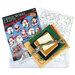 The packaging, contents of the felt ornaments kit, and pattern displayed on a white background. 