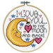 A closeup of the finished Moon cross stitch inside a wooden hoop isolated on a white background.
