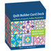 Digital mockup of the Quilt Builder Card Deck box showing the front with possible combinations of quilting blocks.